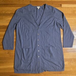 J Jill XL Cotton Silk Blend Blue Button-Up Long Cardigan Librarian Grandma Core